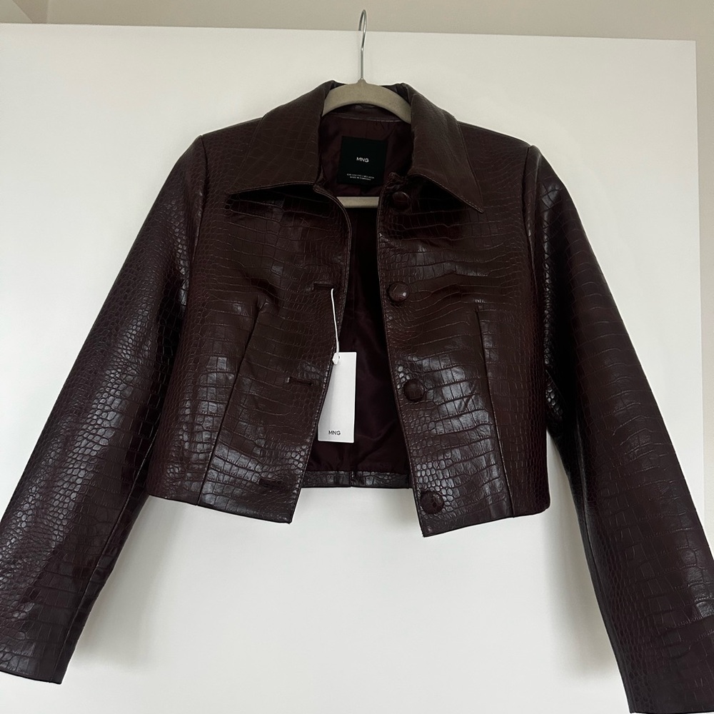 Mango Burgundy crocodile affect crop leather jacket